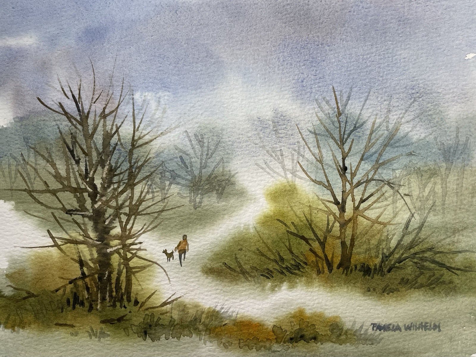 Pamela Wilhelm Original Watercolor 6”x8” Misty Trail Walk Dog Trees Serenity