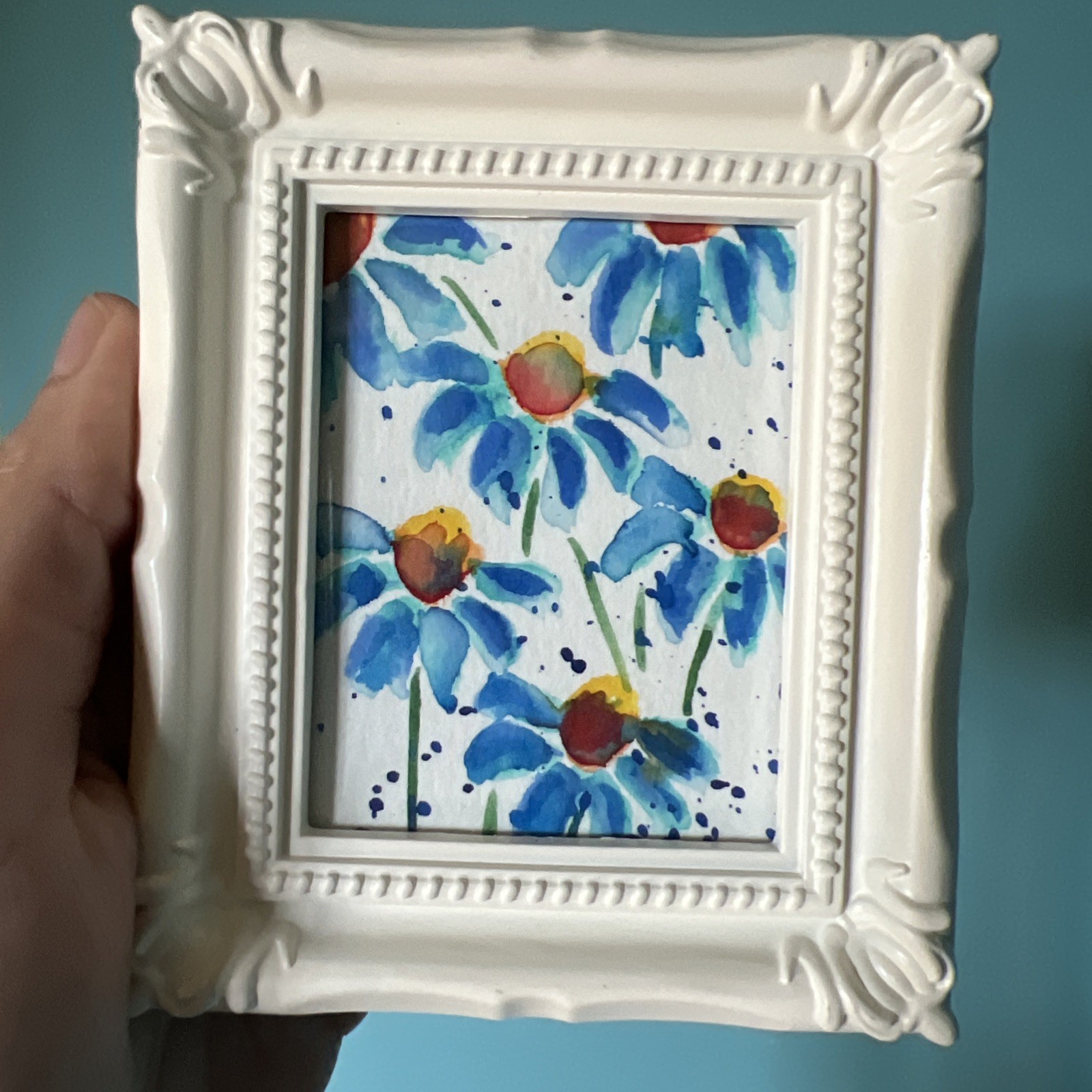 Blue Daisies Flowers,original Watercolor,miniature Painting,small,mini,framed