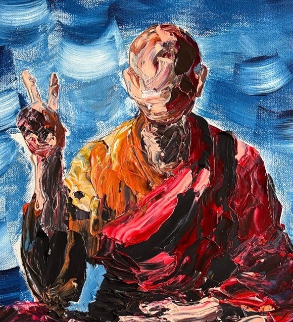 Original Lotus Monk Peace Sign Buddhism Abstract Impasto Painting Art 18″