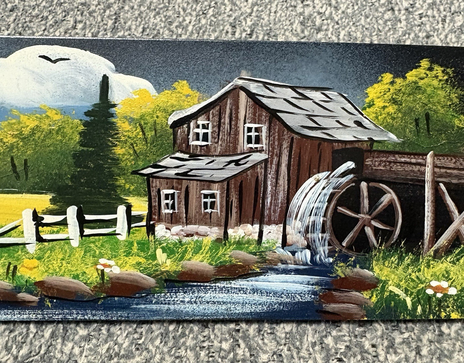 Painted Chainsaw Bar – Church/Covered Bridge/Water Mill Scene Folk Art 22-1/2″