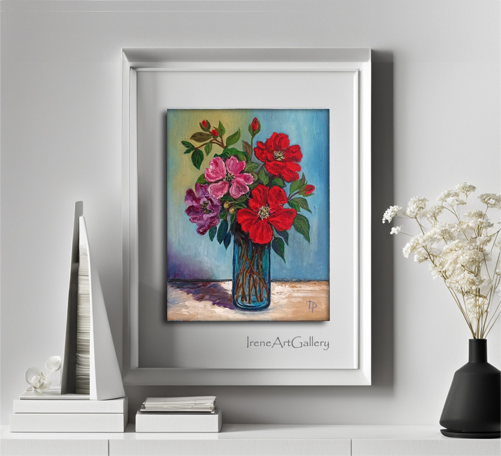 Colorful Floral Artwork Red and Purple Flowers Paintin Original Oil Art 11×14 in