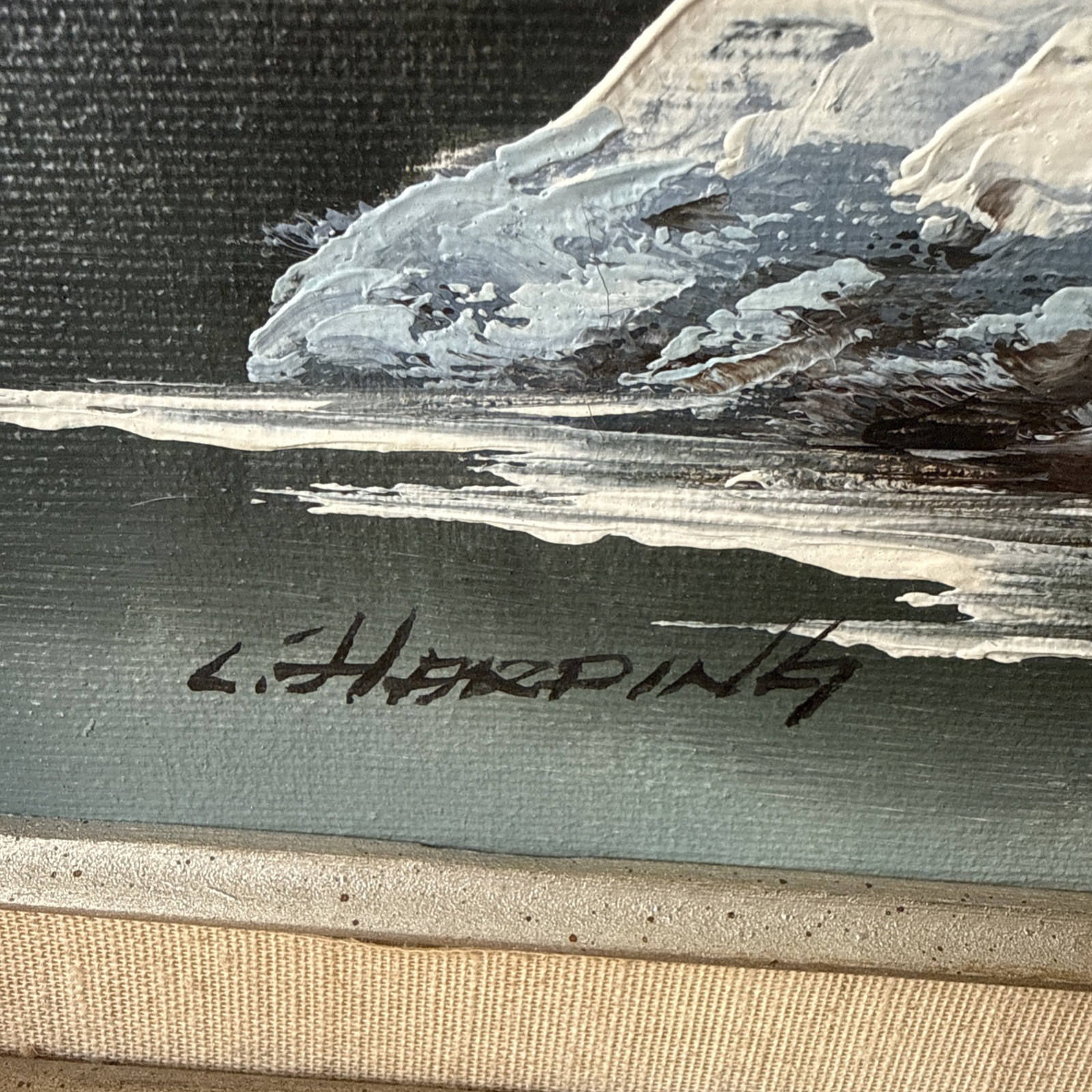 L HARDING PAINTING ON CANVAS / LANDSCAPE winter lake trees snow SIGNED FRAMED