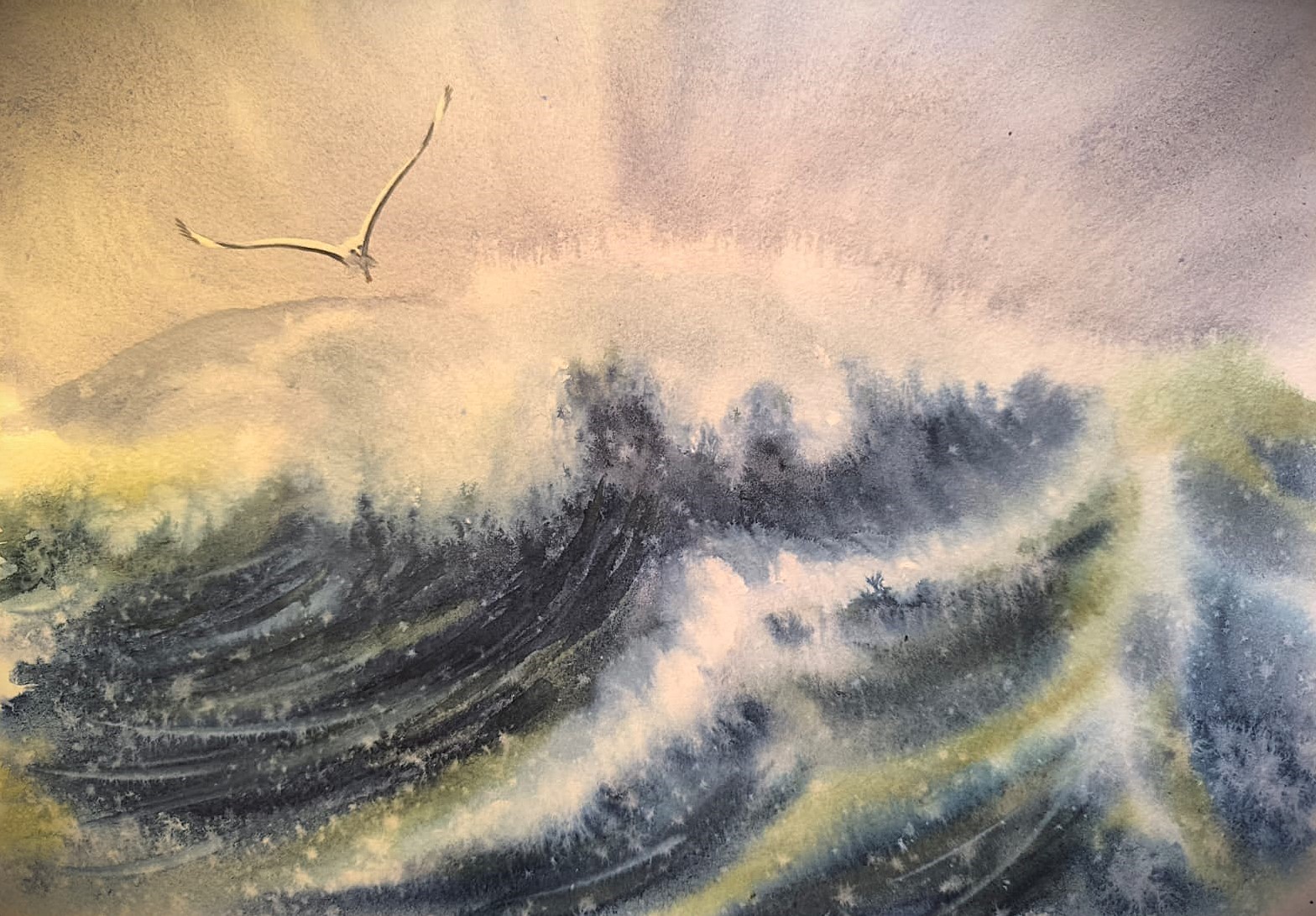 BIRDS SEAGULL WAVES Original Arts Painting Landscape CLOUDY SKY Seascape Gift A4