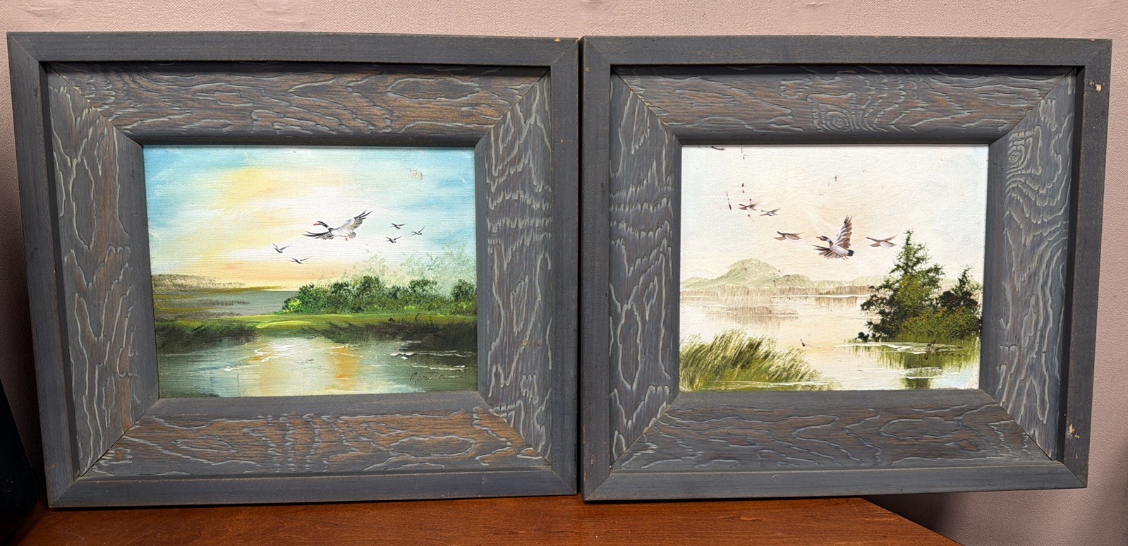 Vintage Duck Landscape Oil Paintings 14×16 Framed Waterfowl Art signed Martin