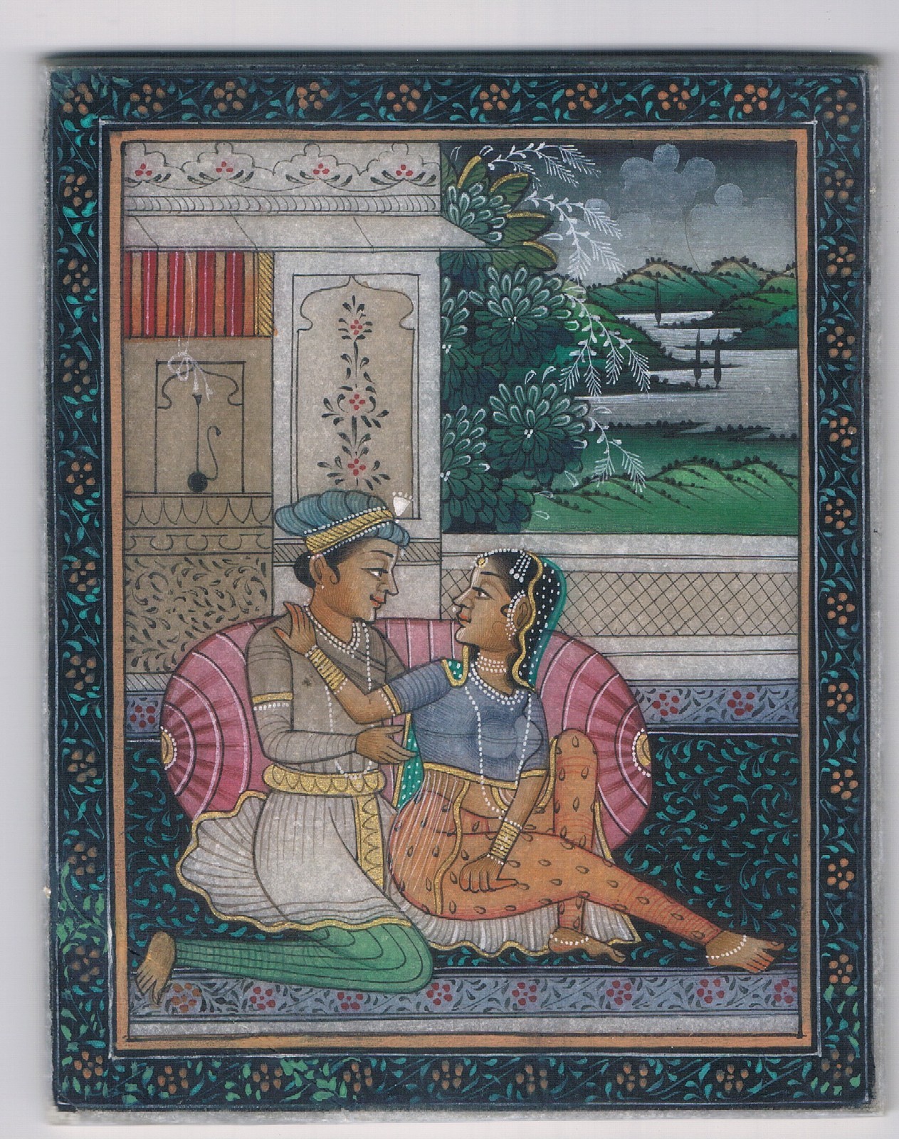 Mughal miniature Painting Of Mughal King & Queen On Terrace Love Scene 3X3.75″
