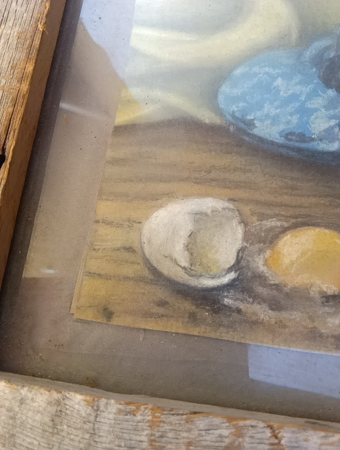 Antique Eggs in Blue Pot Primitive Still Life Folk Art Oil 11X14″ OOAK signed