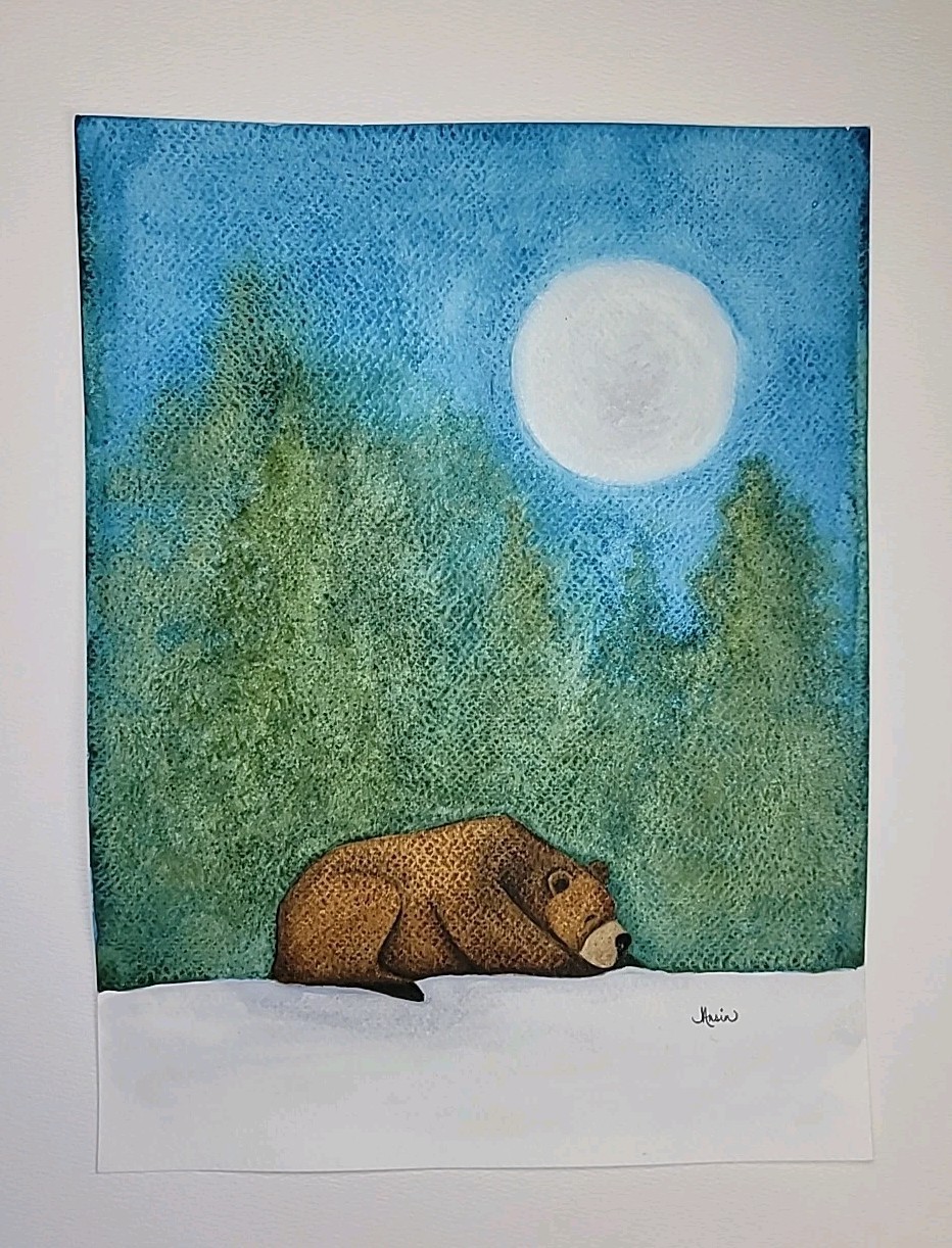 Original Watercolor Bear Under Moonlight 9×12 Wildlife Art Painting