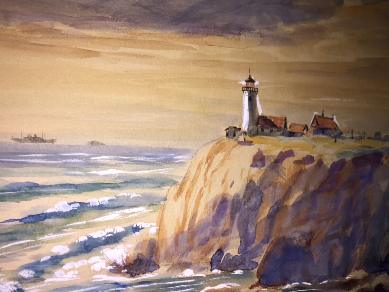 Signed A. Klein Original Watercolor Seaside Church Lighthouse Seascape Set of 2