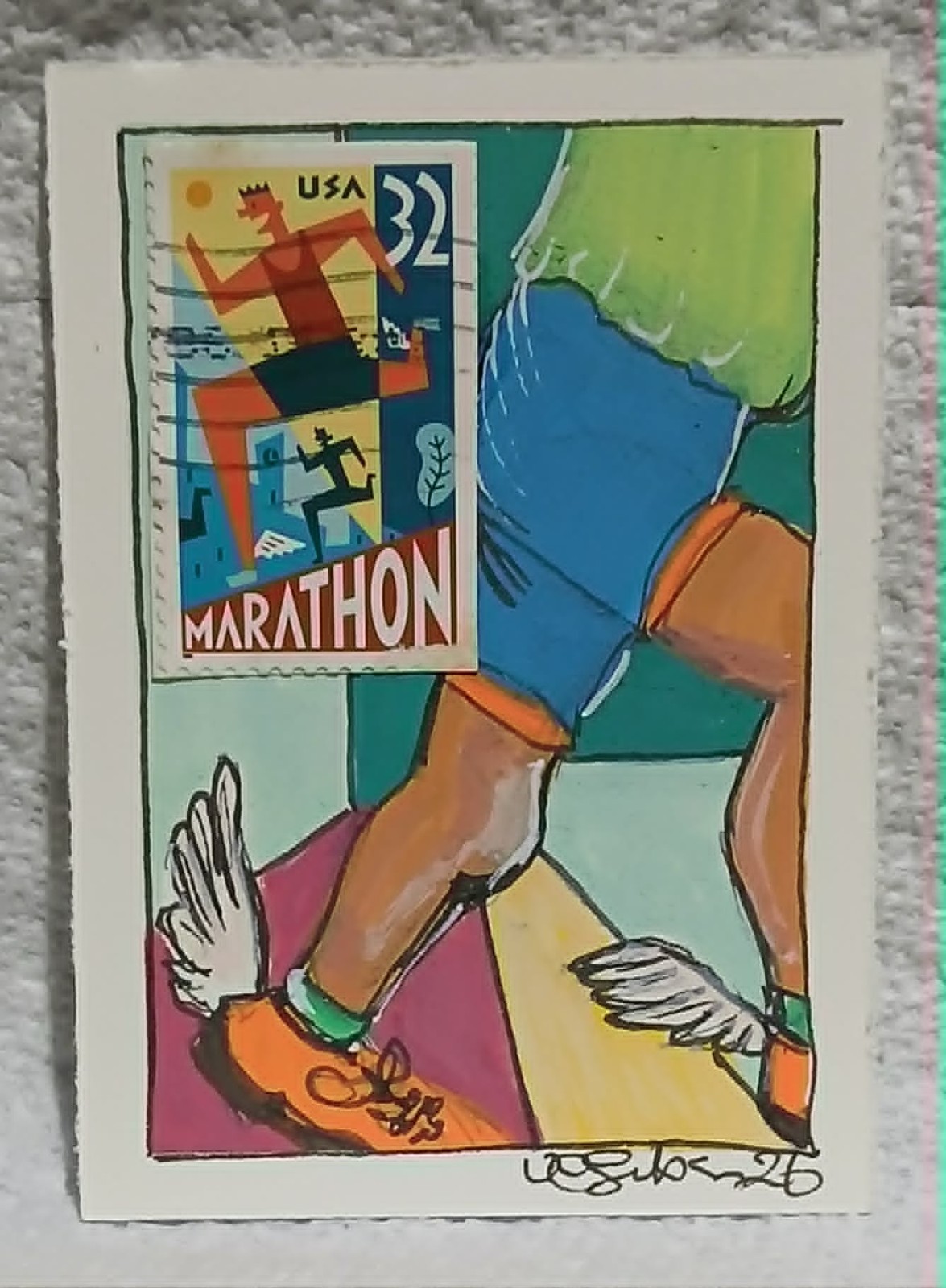 Postal Whimsy Boston Marathon OOAK ACEO 32¢ USA Marathon Stamp Outsider ART