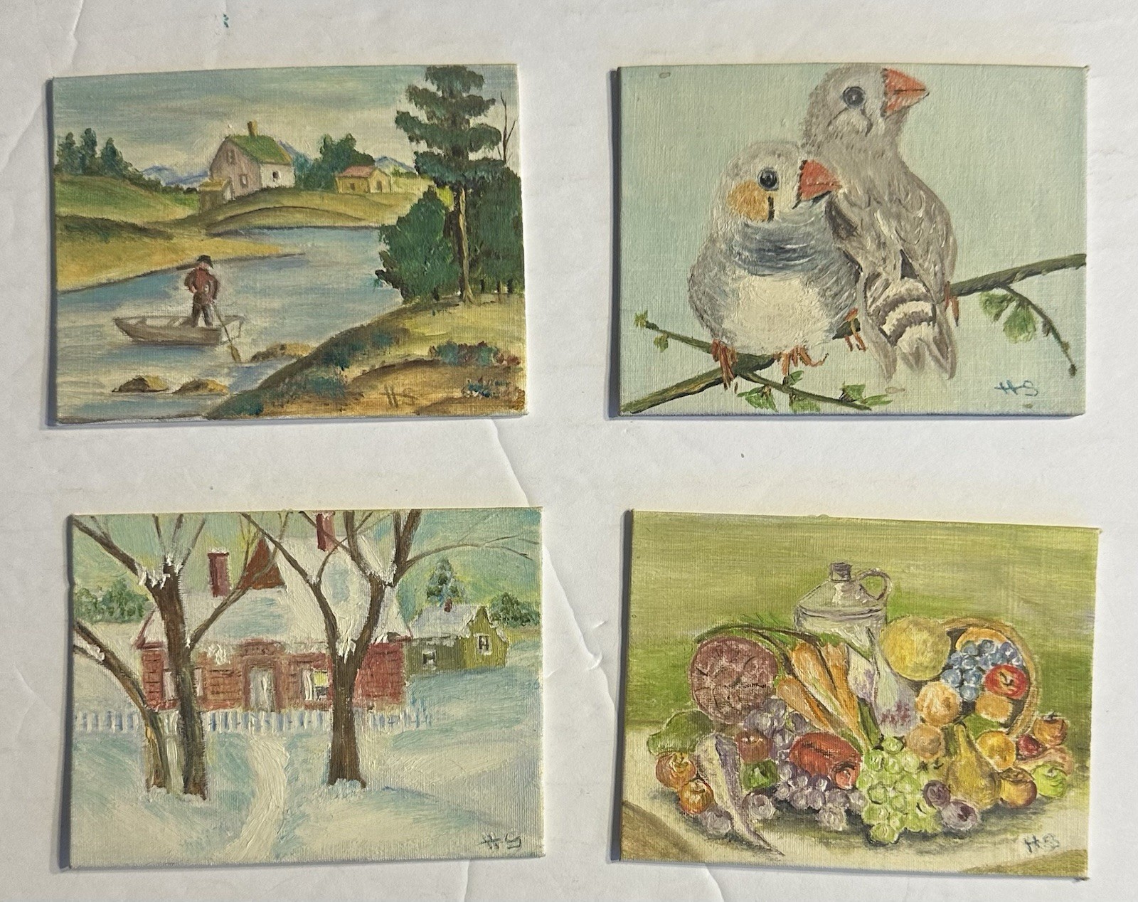 Set Of 4 Mini Paintings Signed H.S 3” X 4” Unknown Artist Landscape Snow Birds