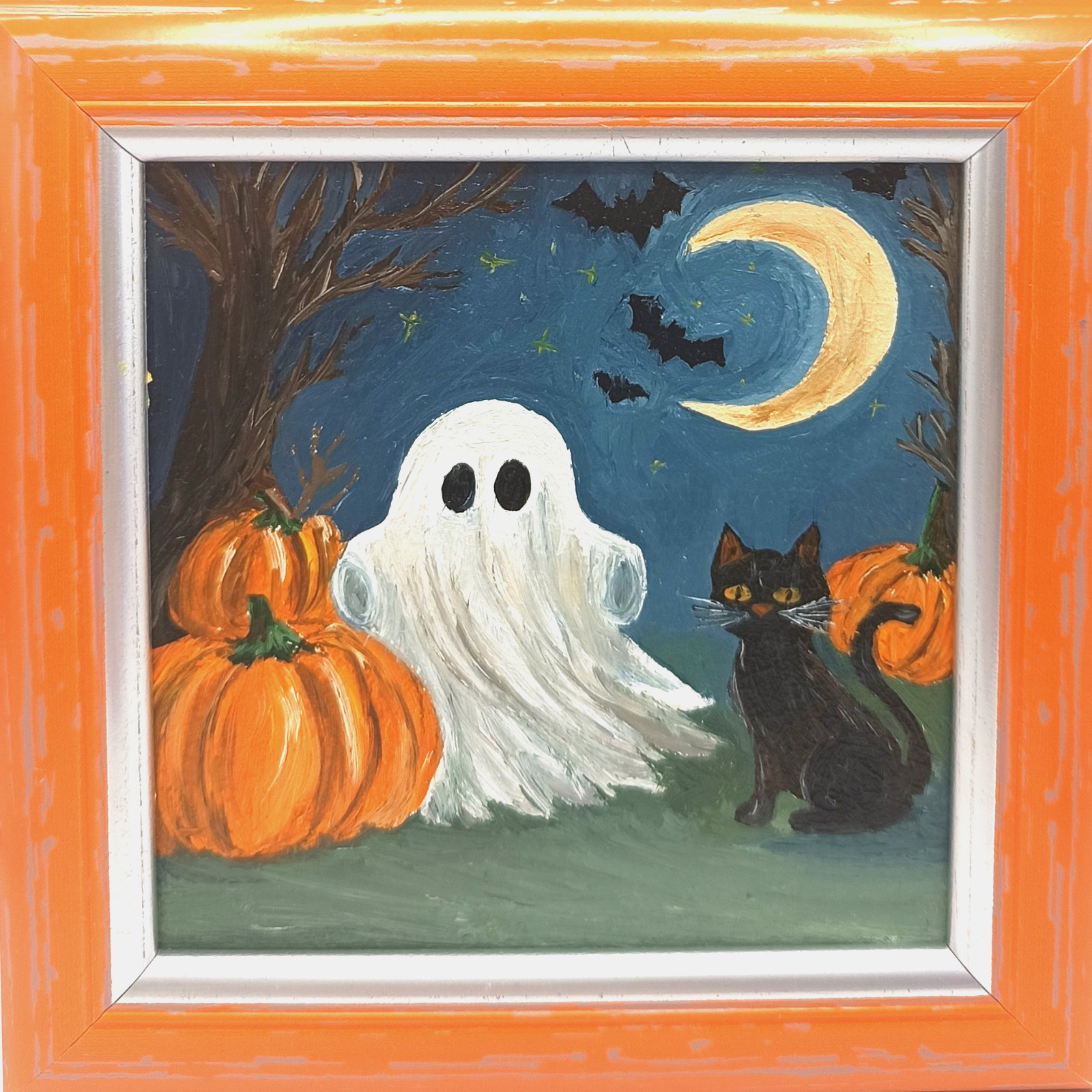 Mystical Halloween Original oil painting Ghost Naive art Size 4*4 inches Framed