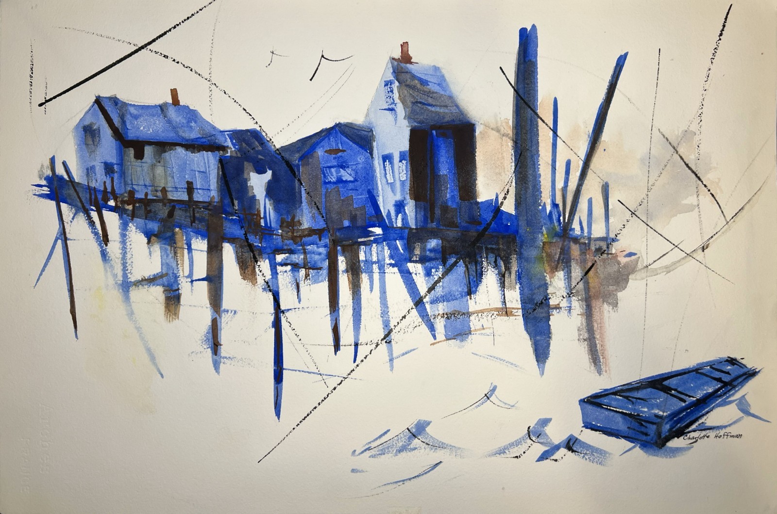 Lakeside Village–Charlotte Hoffman–Medium Size Watercolor– Mid 20th NY Artist