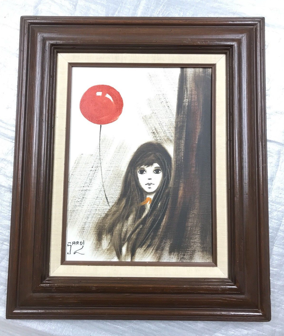 Vintage 1970’s Oil On Canvas Painting Big Eyes Girl Red Balloon 🎈 Signed SARDI