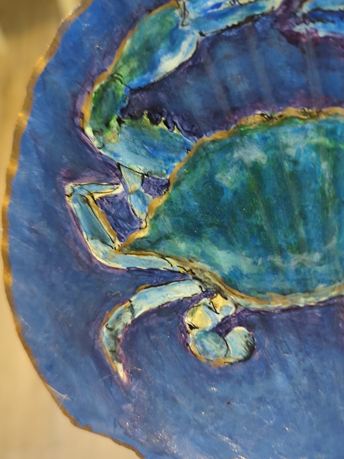 Hand Painted Art Blue Shell Crab on Scallop Seashell RAMFISH Artist