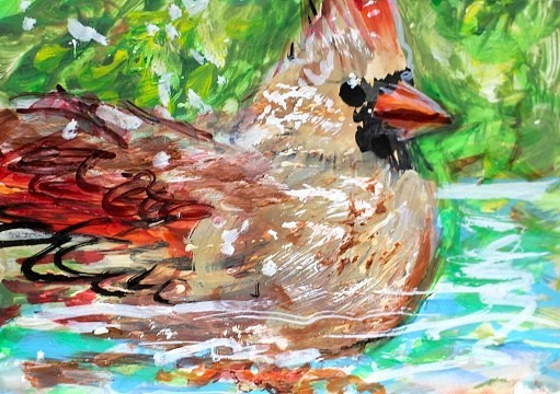 ORIGINAL ACEO BIRD Painting Female Northern CARDINAL Spring Nature Bird ATC ART