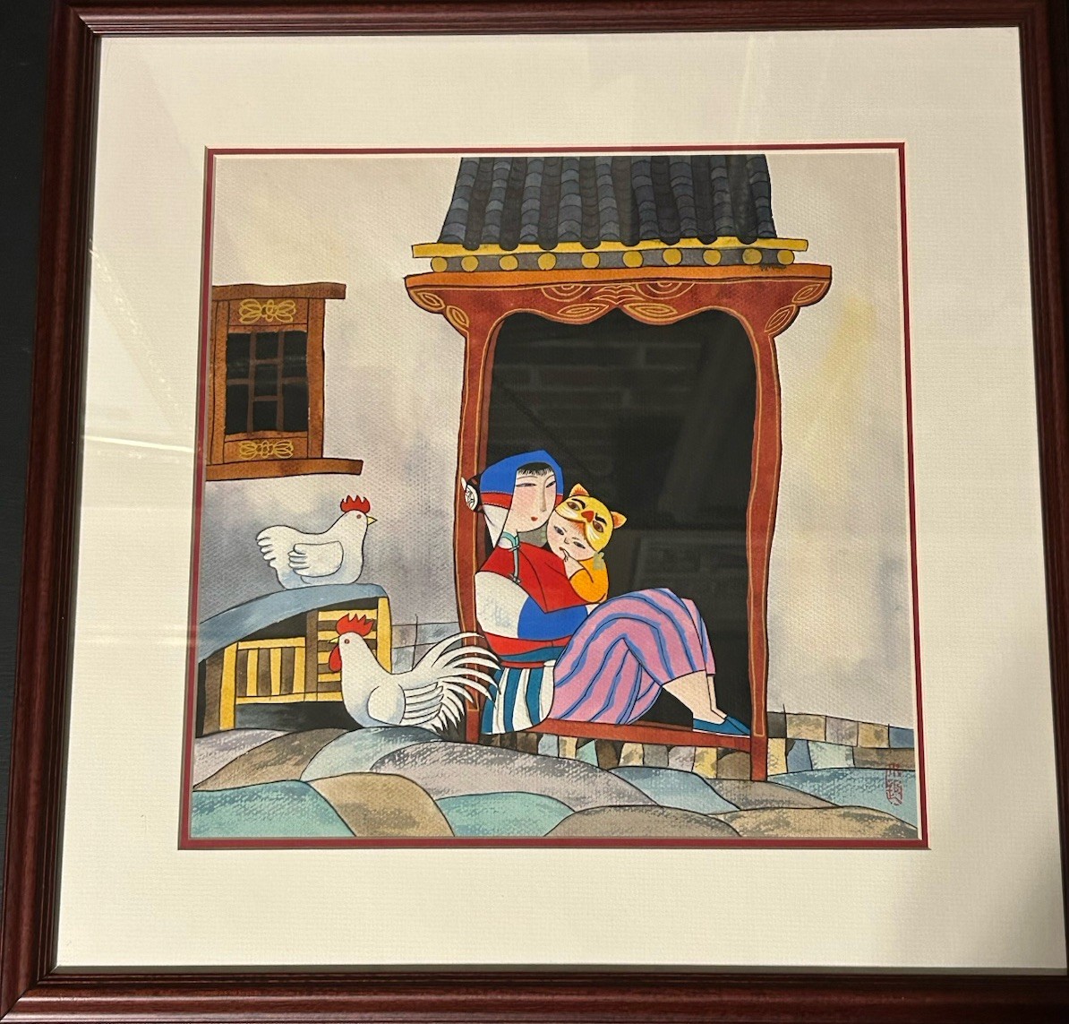 Wu Chi Yong Art Gouache On Paper Framed Mother/Girl With Child Chop Mark
