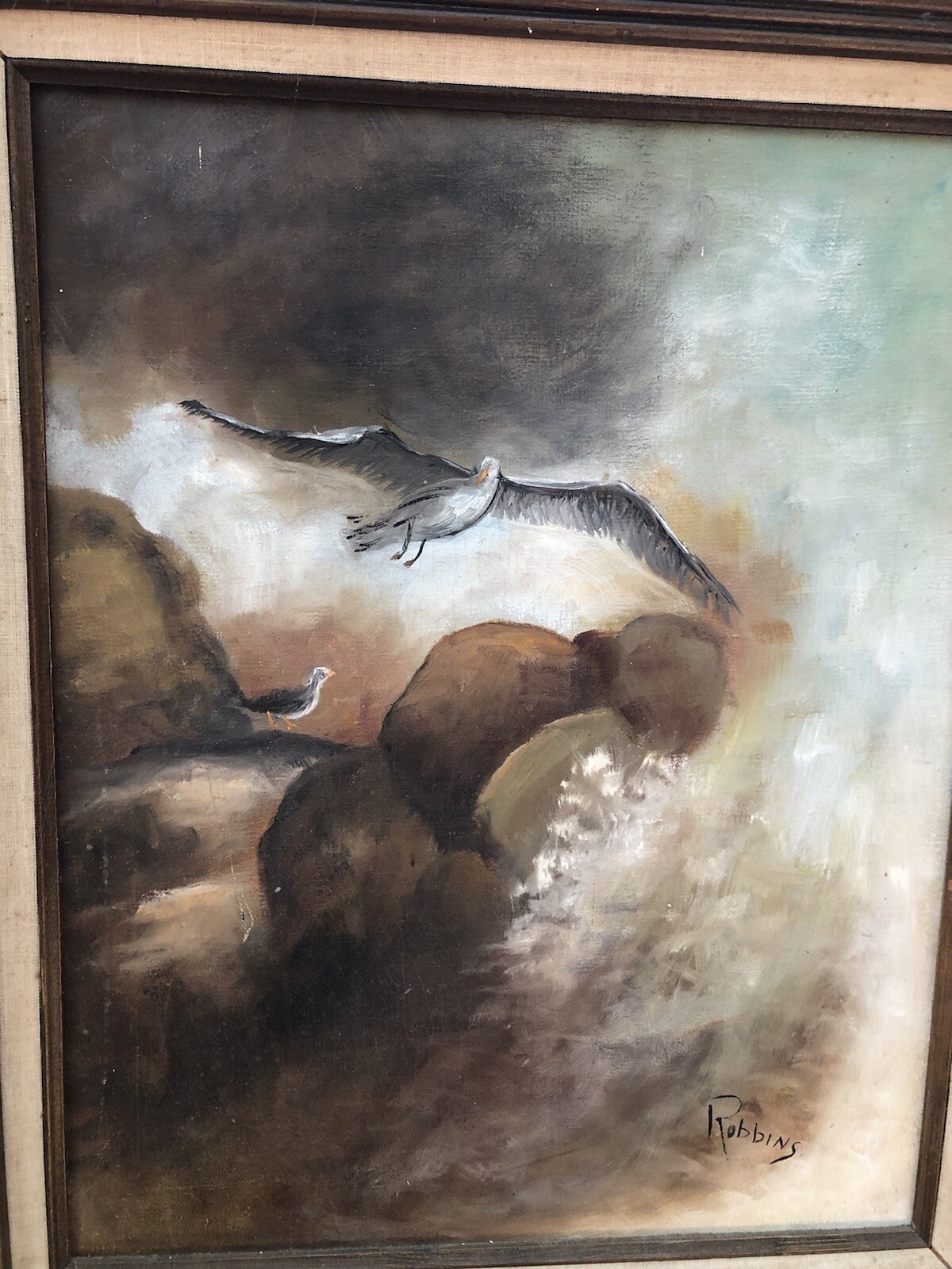 Vintage Cristina Krystyna Robbins Seagull Bird Ocean Landscape Oil Painting READ