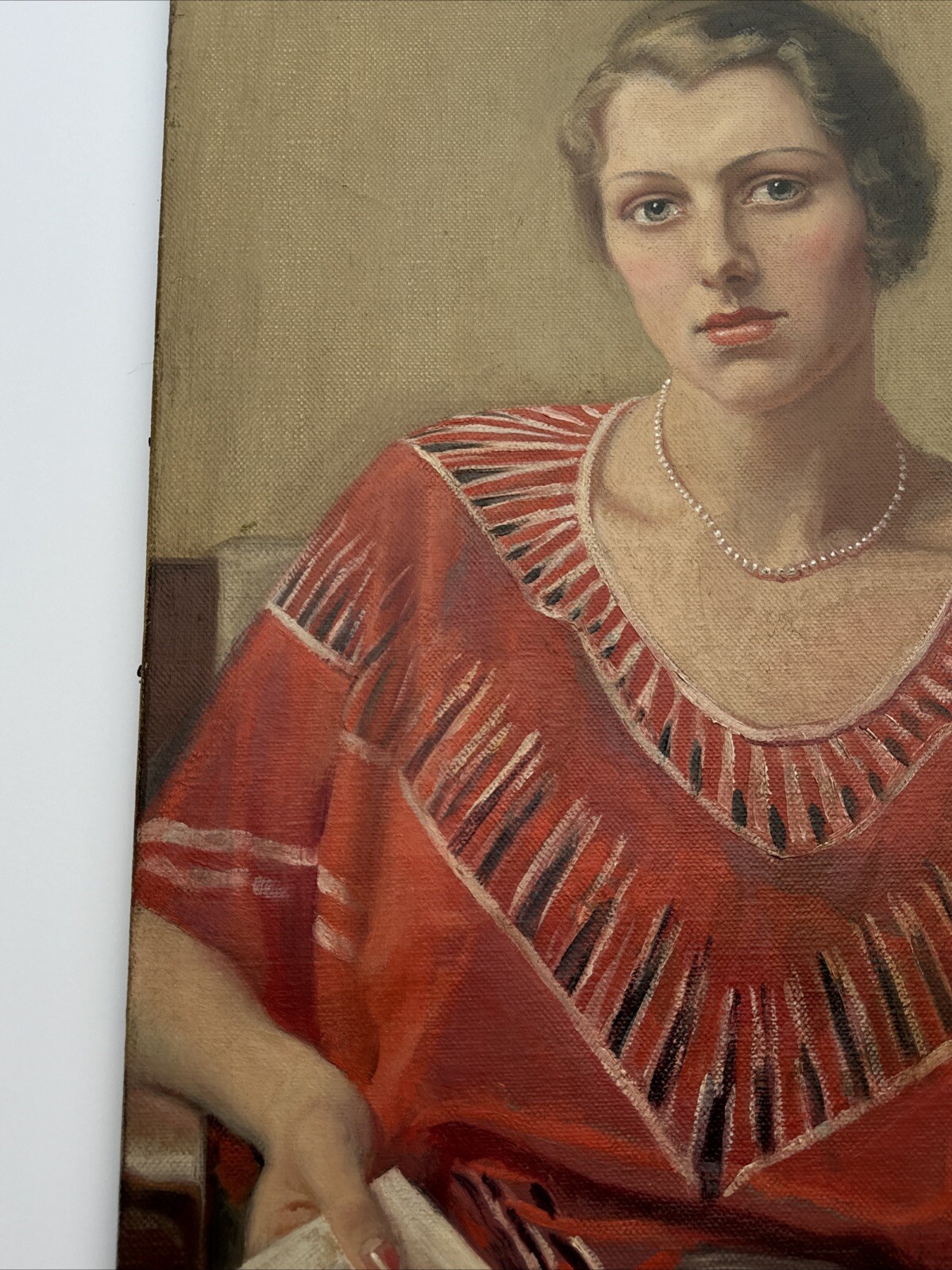 ANTIQUE PORTRAIT PAINTING PRETTY WOMAN FEMALE MODEL OIL ART DECO SIGNED LEWIS