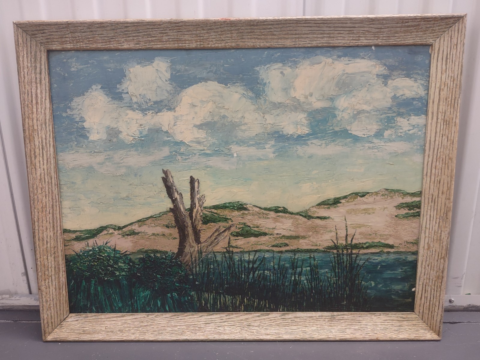 Vintage 1963 Dune Landscape With A Dead Tree Trunk Oil Painting