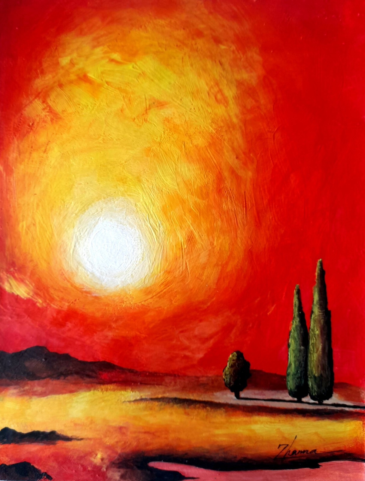 Original Surreal Sunset Landscape Signed Warm and Calm Unigue Fantasy Folk Art