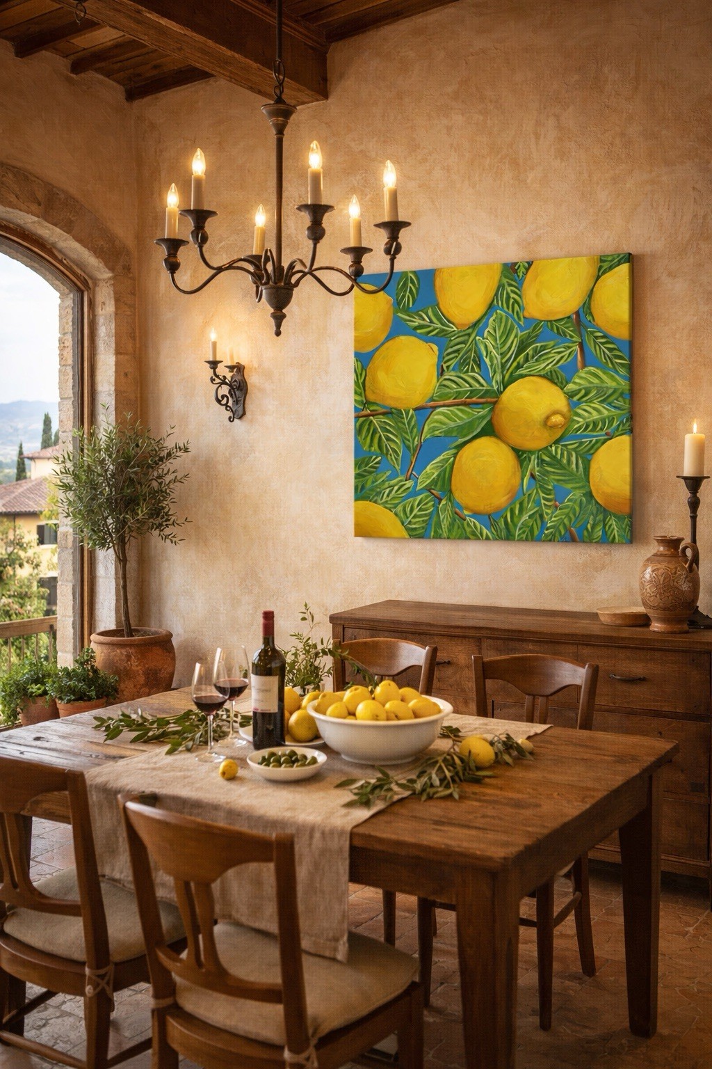 Lemon Tree Painting 24×24 Citrus Kitchen Wall Art Mediterranean Coastal Decor