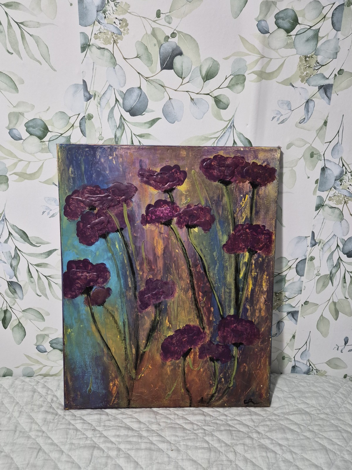 Vintage 16 X 20 Original Abstract Purple Floral Textured Oil Painting On Canvas