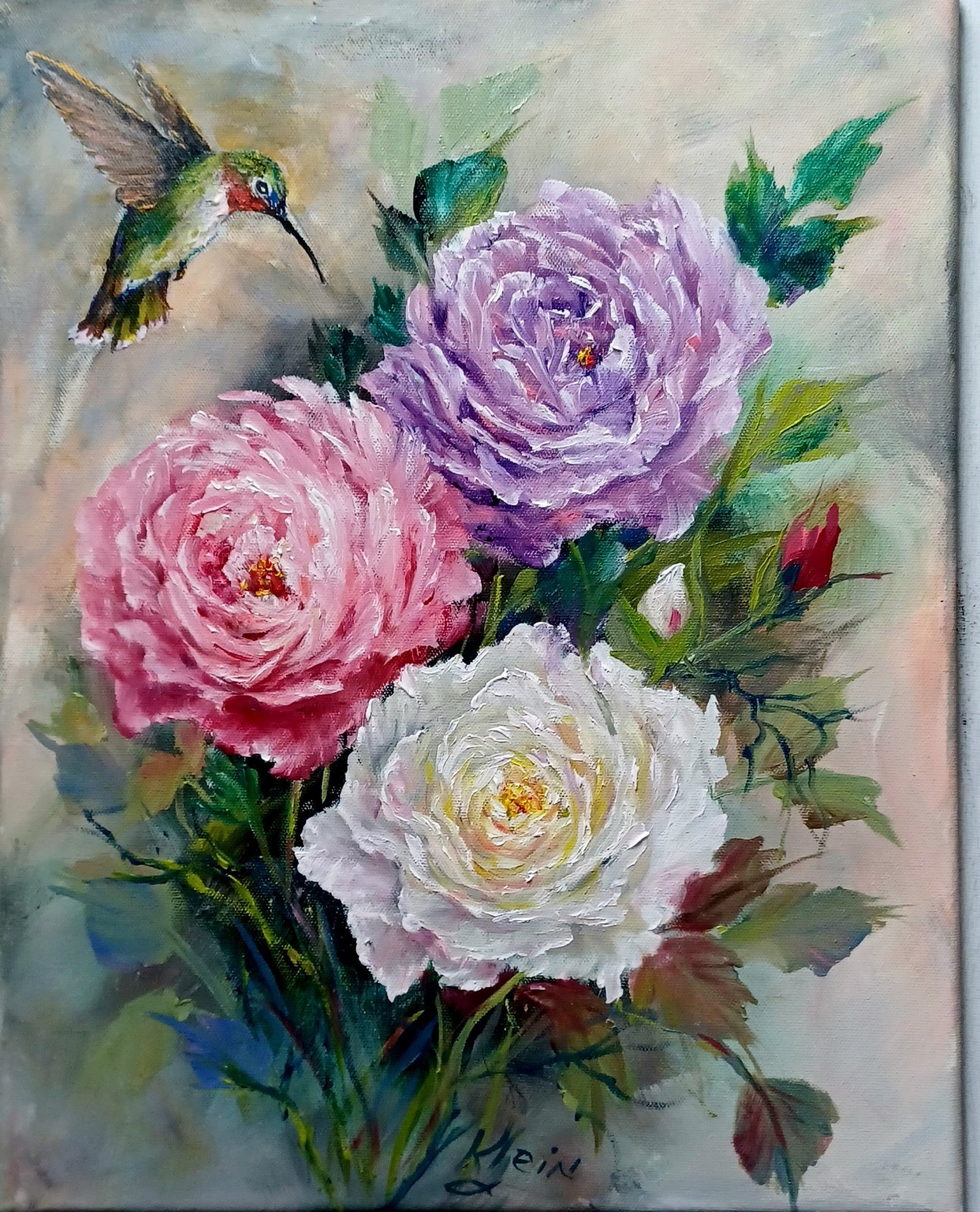 HUM AND MULTI-COLORED ROSES Original Floral 14×18 BIRD PAINTING BY ARTIST KLEIN