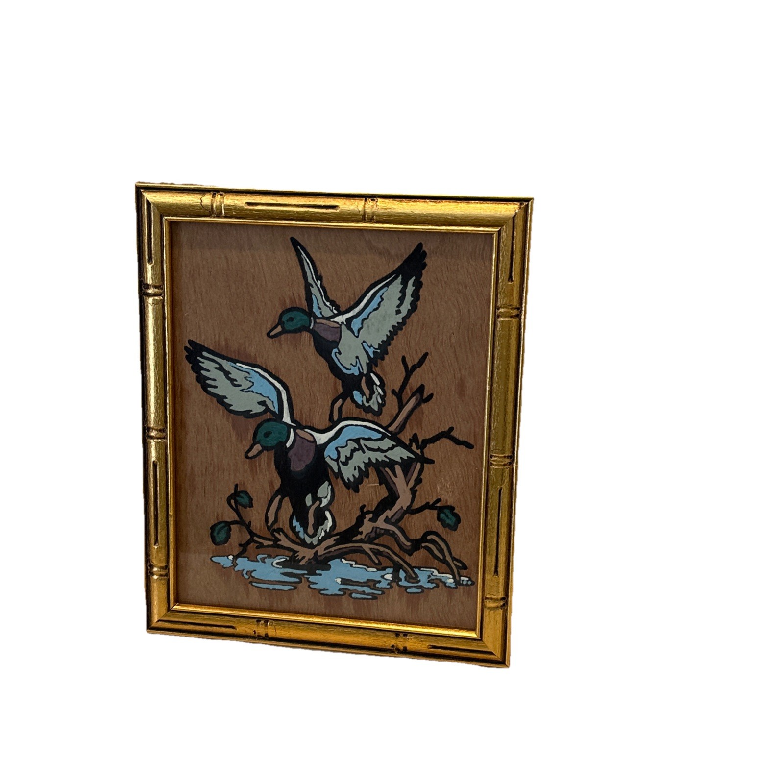 Vintage Original Mallard Duck Painting on Wood in Gold Painted Wood Frame