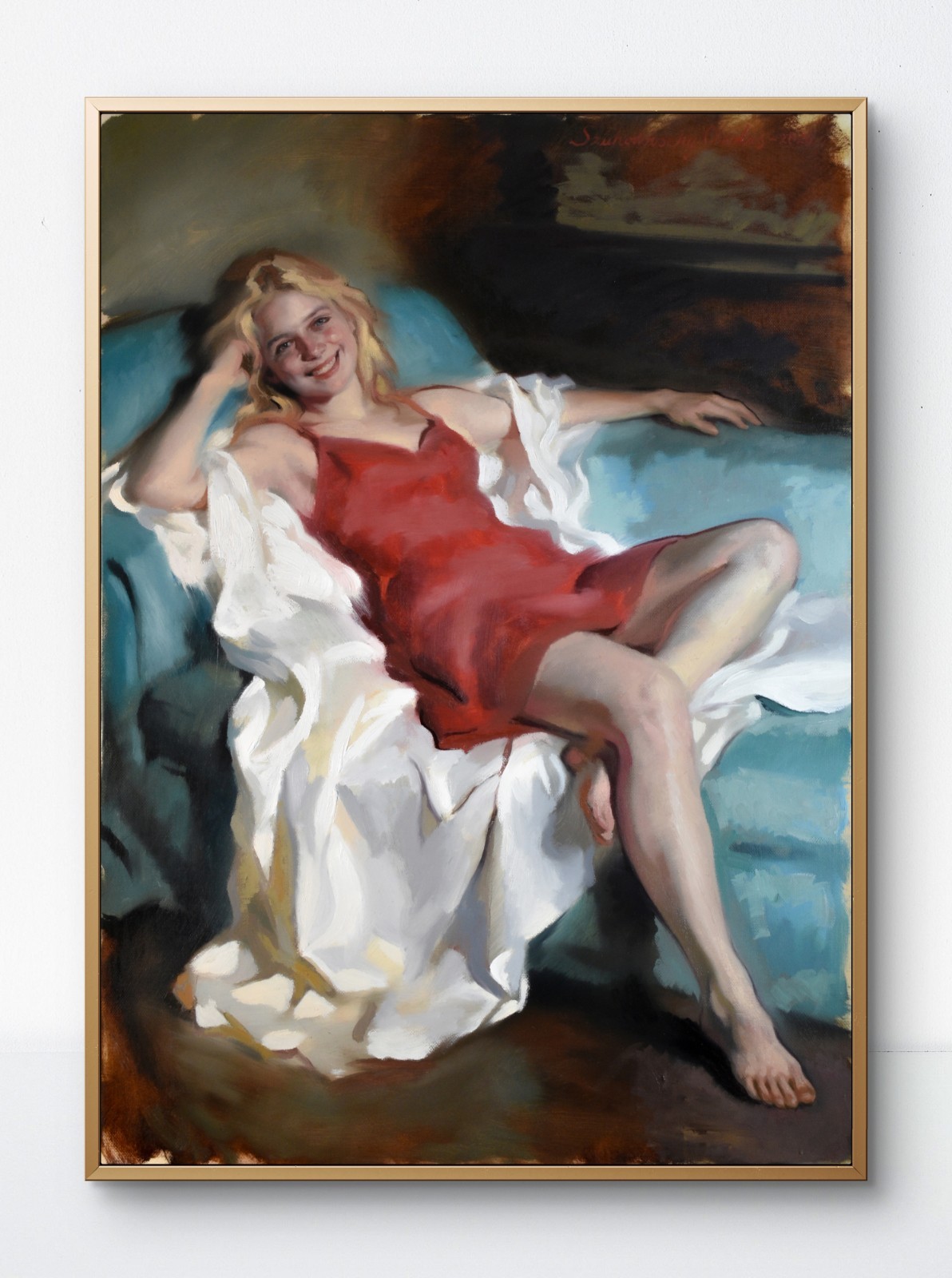 Original Oil Painting Female Figure 28×20 Reclining Woman in Red Dress Art