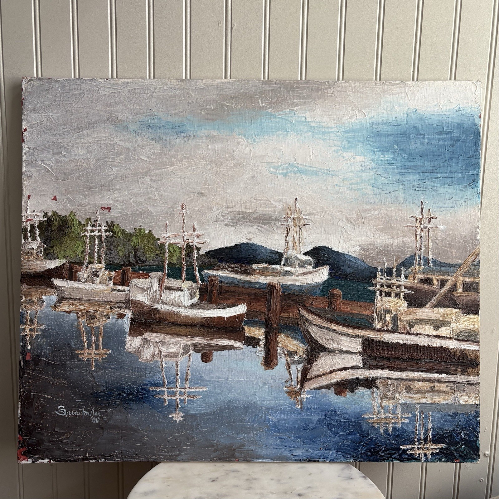 Vintage Nautical Harbor Scene Original Impasto Oil Painting by Sara Fowler VTG