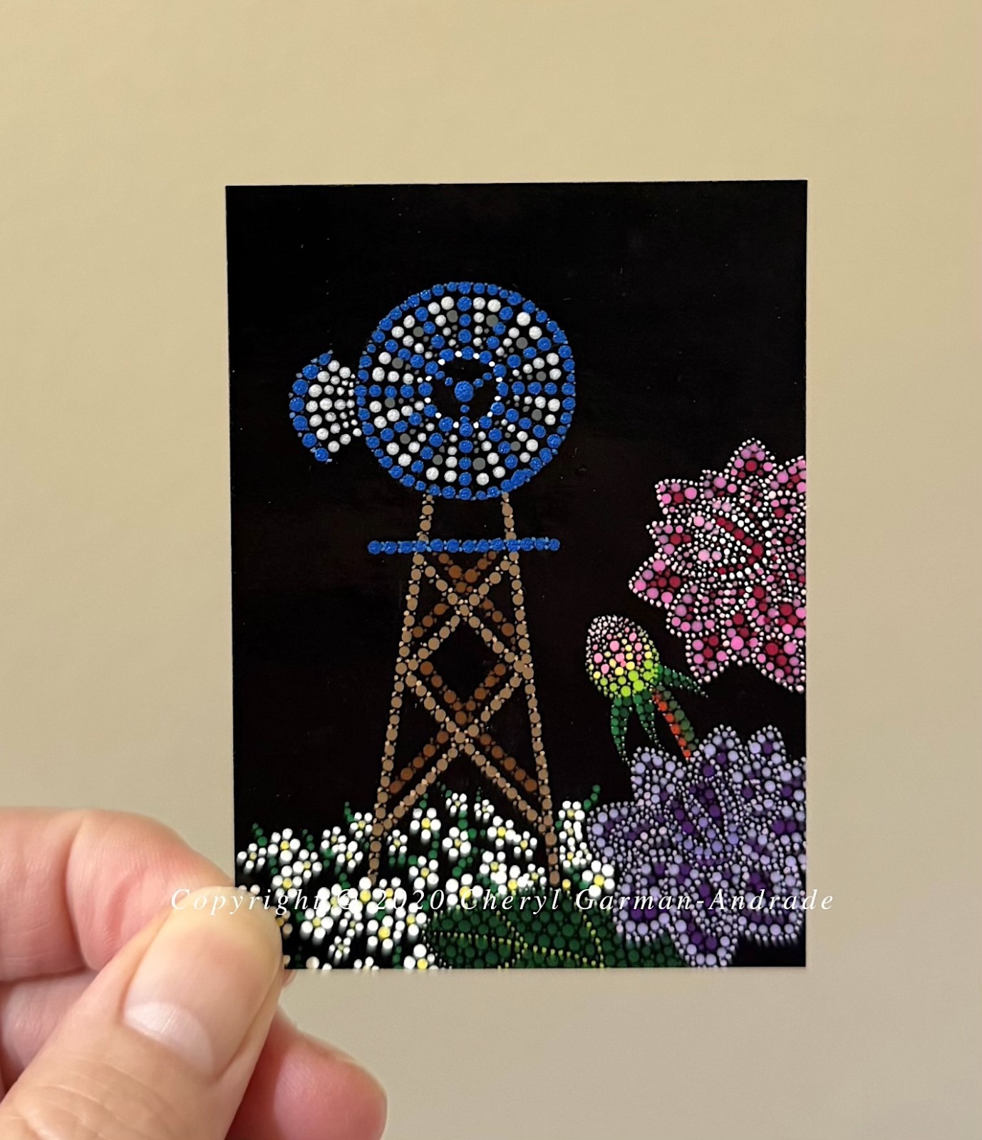 ACEO Original Dot Painting Windmill & Dahlias by Cheryl Andrade