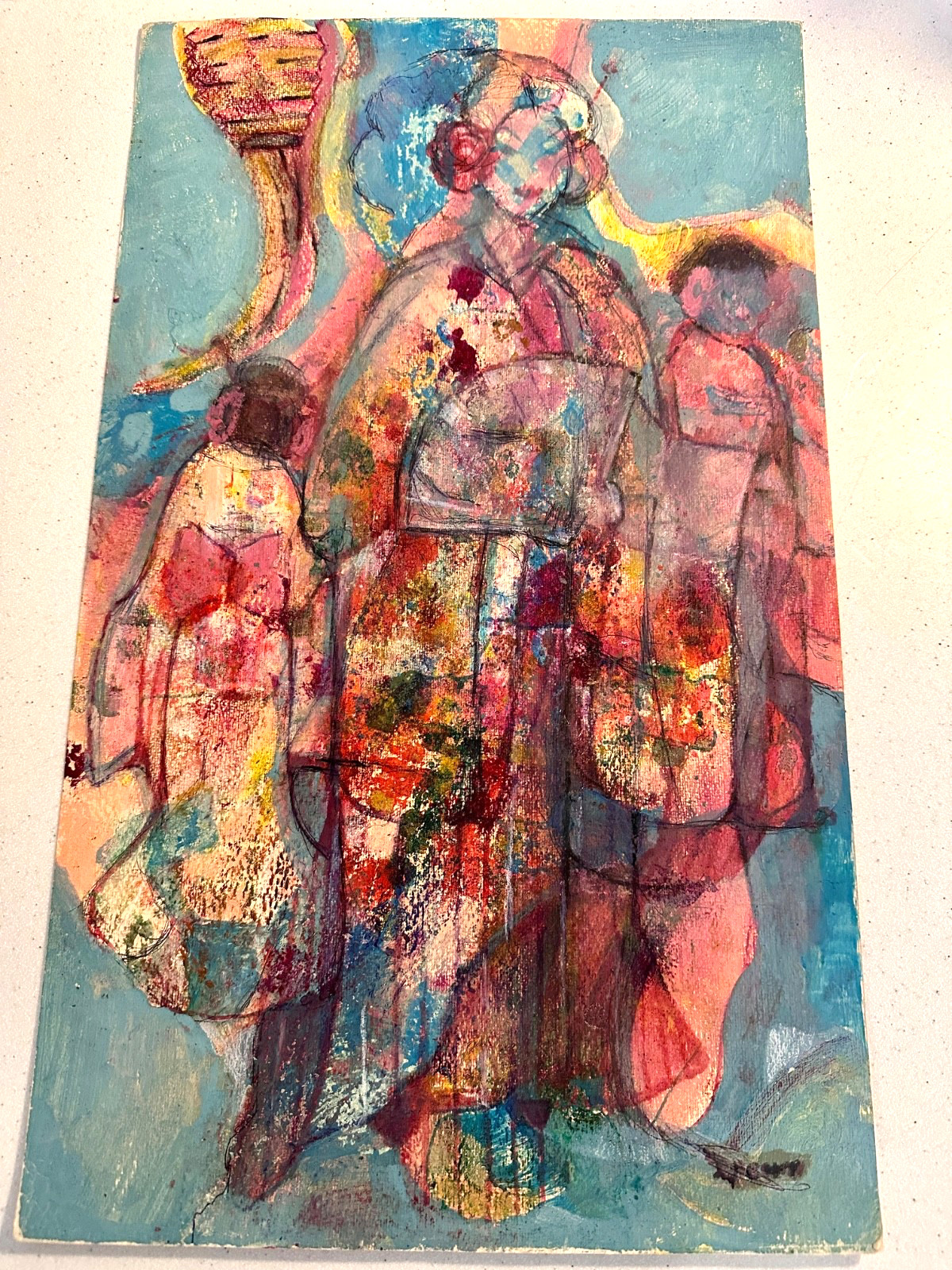 MIXED MEDIA PAINTING OF A GEISHA IN KIMONO Ink & Gouache Signed 19.5″ x 11.75″