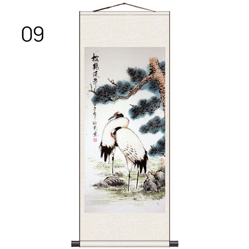 1PC Asian Silk Scroll Painting Crane Feng Shui Wall Hanging Artwork Framed