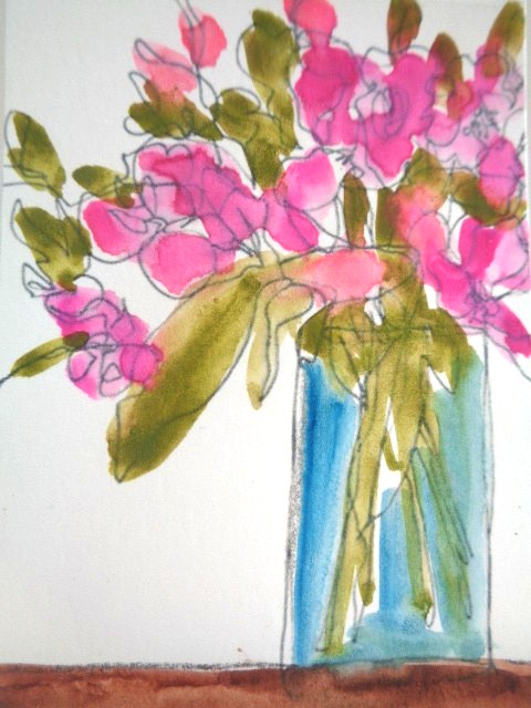 ATC ACEO Colorful FLORAL FLOWERS IN VASE Watercolor Painting ART