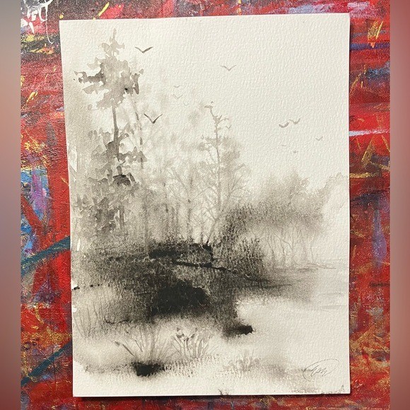 Original Birds Landscape Painting Misty Forest Watercolor Art by artist Ettina