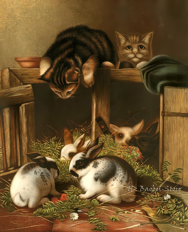 Rural Cat and Rabbit oil painting Giclee Art Printed on canvas L3863