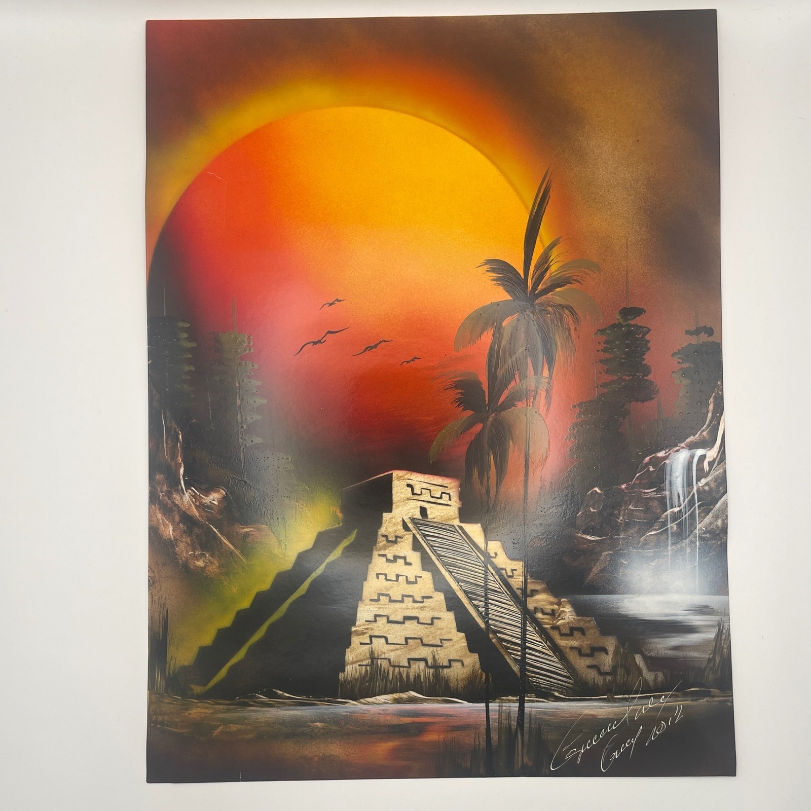 Original Spray Paint Art Mayan Pyramid Tropical Sunset Waterfall Signed 2012