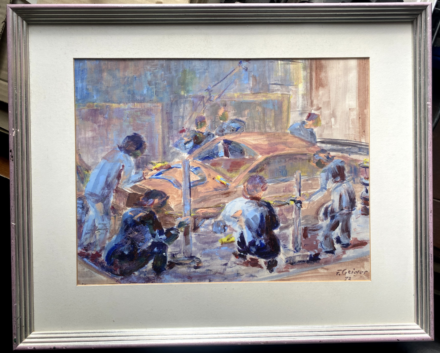 Painting Signed F. Geiger 1972 Auto Workshop Pit Stop Car Race Vintage Car