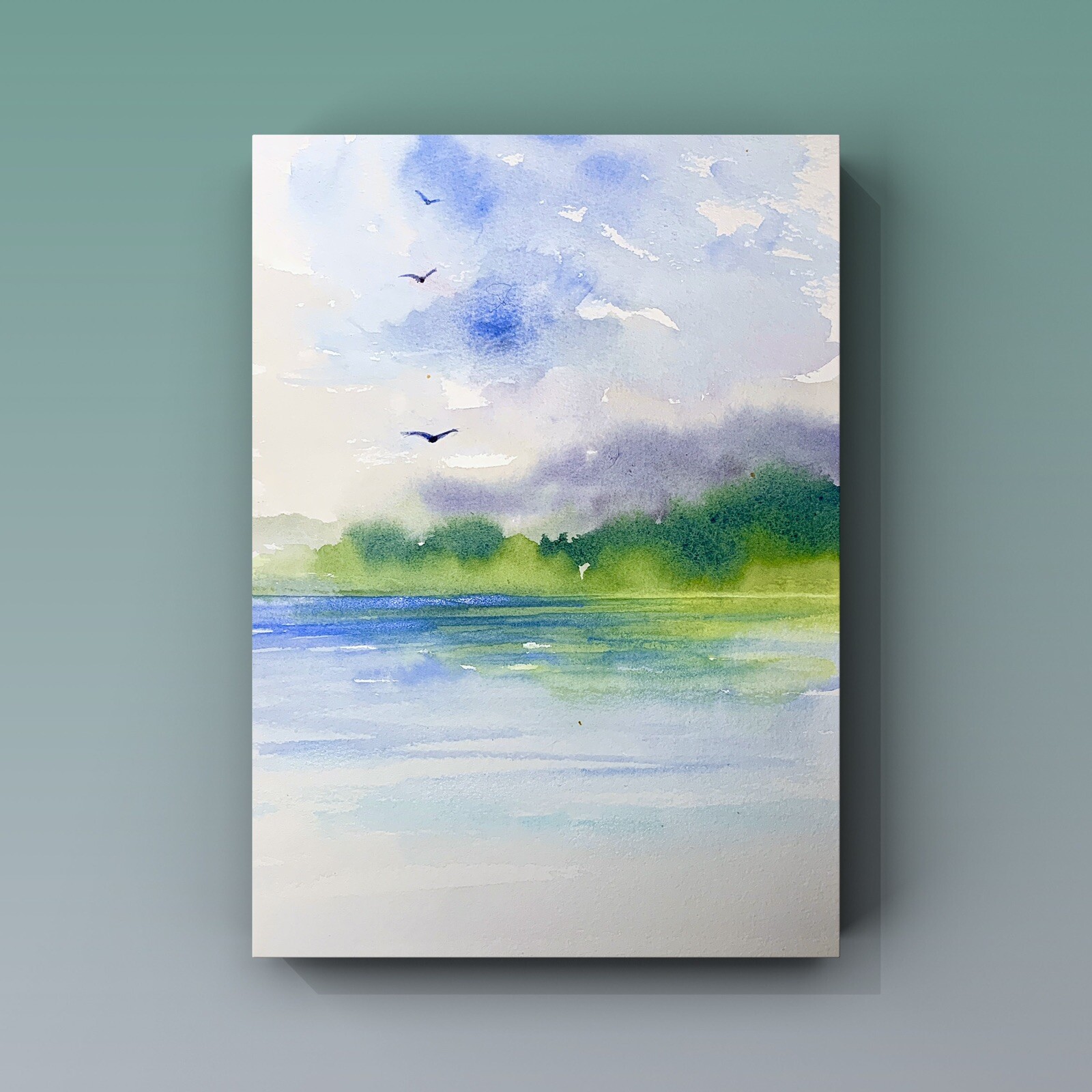 Original Watercolour Painting, Lake Landscape with Mountains, Wall Art Gift Idea
