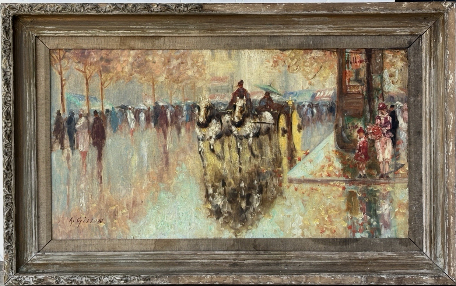 André Gisson Parisian City Street Scene Horses Figures Original Painting 14×26″
