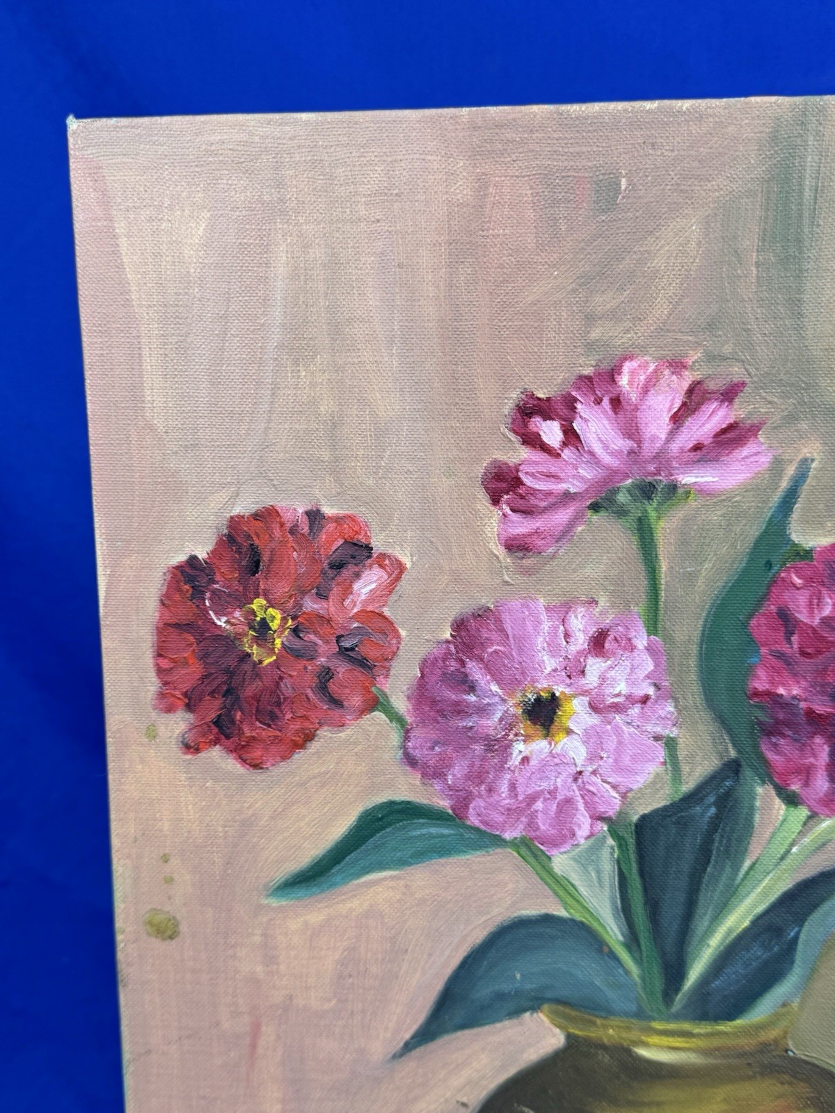 C.1965 Oil on Canvas Board STILL LIFE 16″ x 12″ Flowers in Vase & Bird