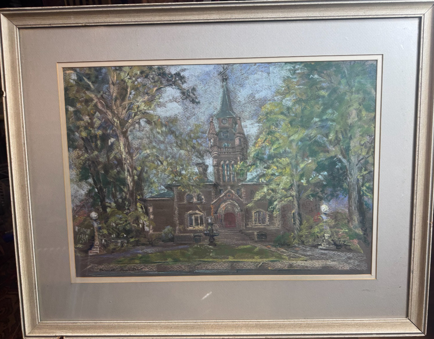 Harriet Ermentrout (B 1915) «Church Landscape» Pastel Painting – Signed/Framed