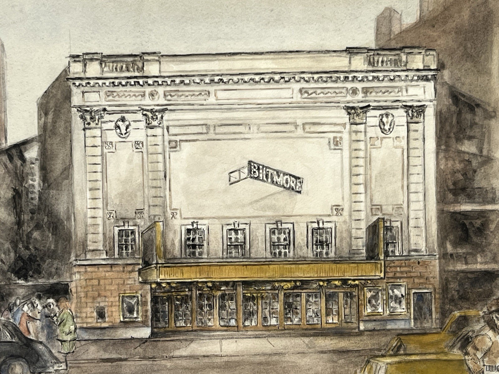 Vintage 70s New York City NYC Street Scene Painting Biltmore Theatre Broadway