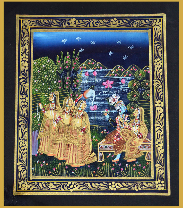 Radha Krishna Miniature Original Painting on Silk Cloth India Natural Colors!