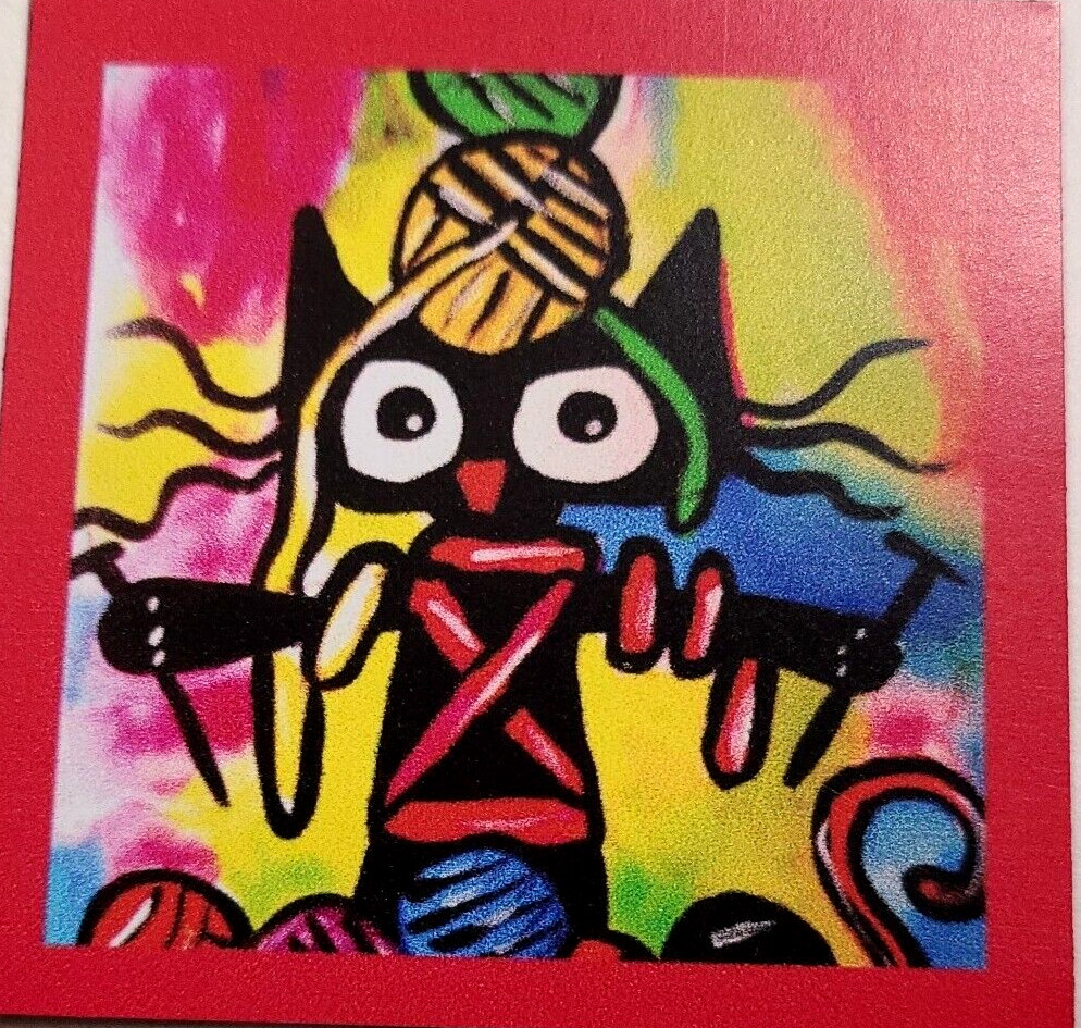 «NEW» NOT ACEO KNITTING CAT » 2.5X2.5 ART MAGNET 2000-now