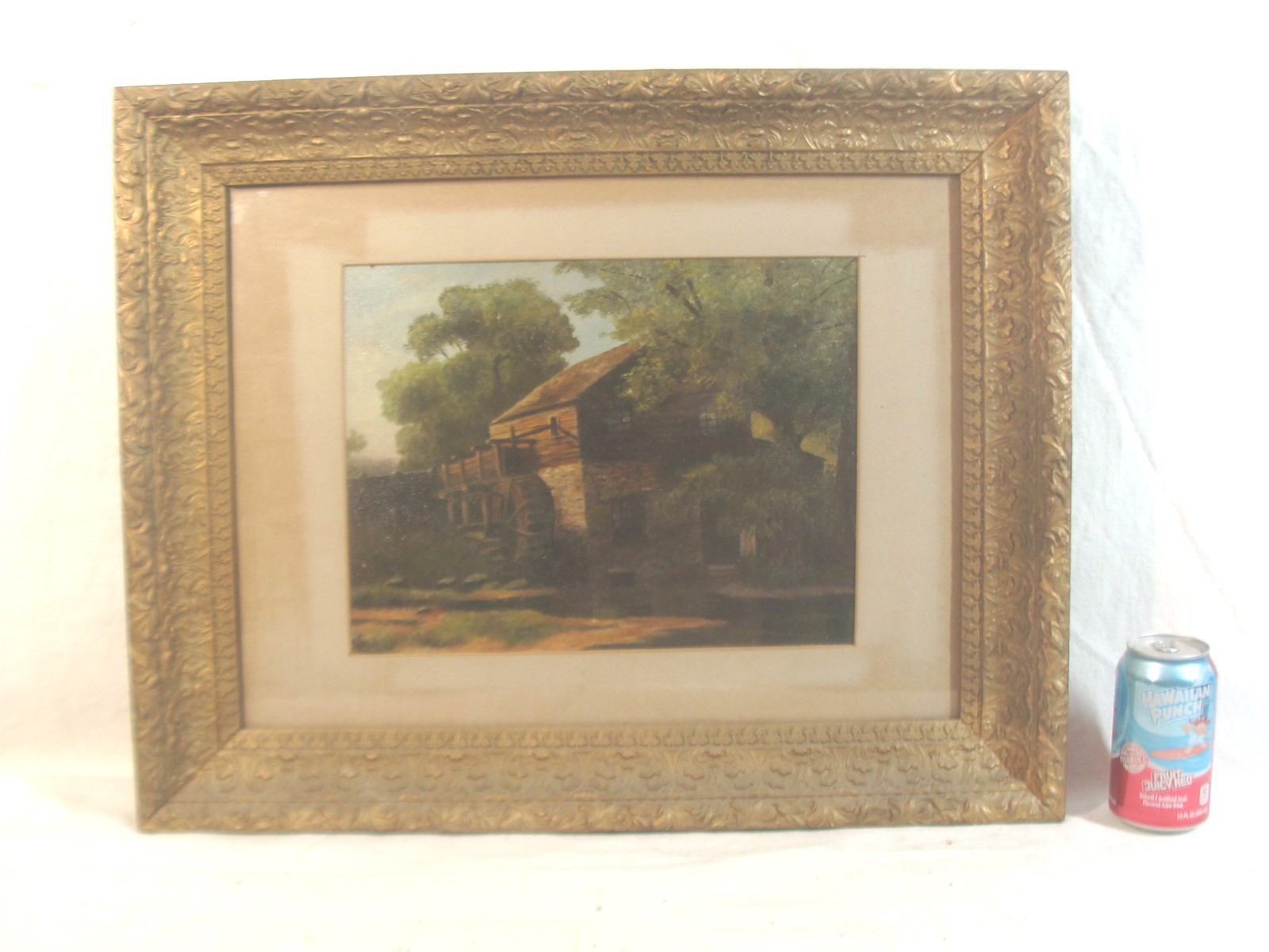 Antique 19C Grist Mill Water Wheel O/B Landscape Painting