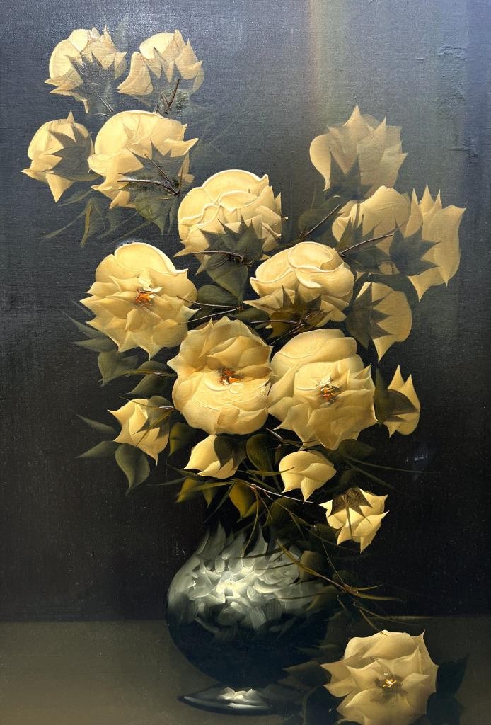 Vintage Art Oil Painting Canvas Still Life Vase White Roses Rose Flowers Signed