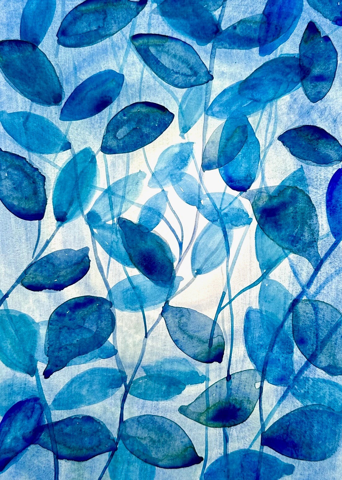Original Watercolor Painting A4 Pattern of blue leaves decorative pattern