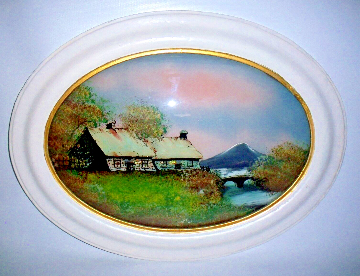 Antique Reverse Foil Painting Oval Convex Glass Landscape 14″x24″ Wood Frame