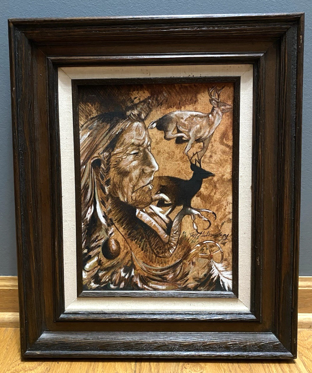Vintage Jeff Gulbransen Running Deer Native American Indian Chief Painting 15×18